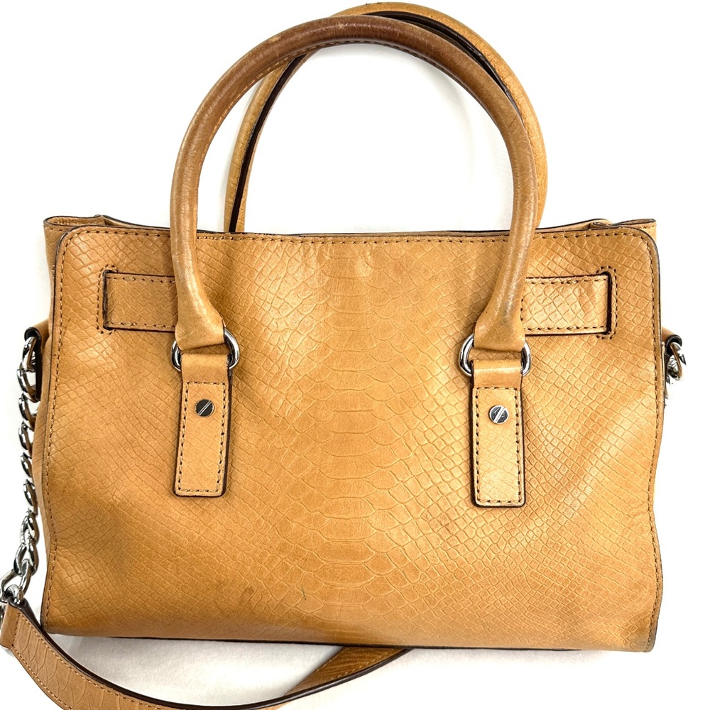 Michael Kors Tan Snakeskin Embossed Leather Shoulder Bag Brass Lock Chain Strap - Picture 5 of 11